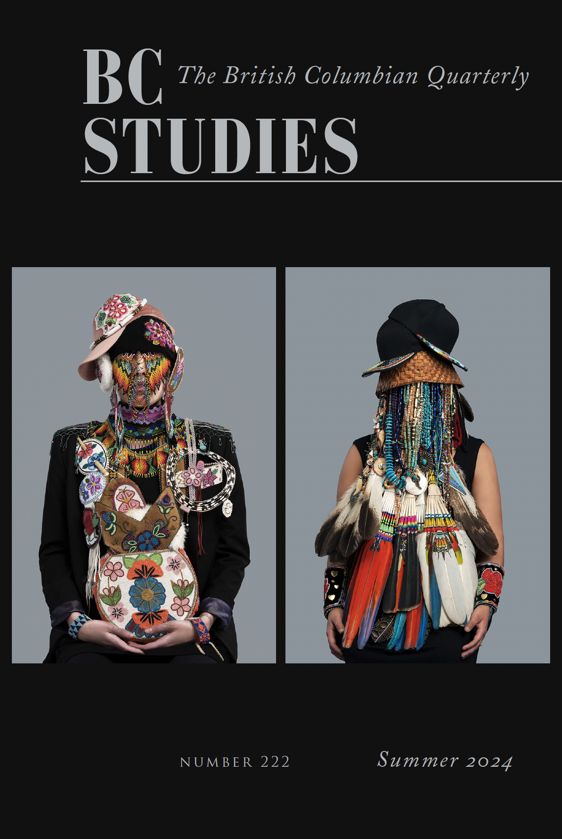 Cover image featuring two colour portraits. Each photograph features a woman covered in intricately stitched feathers and elaborately beaded jewelry that spill over their figures, almost completely obscuring their faces.