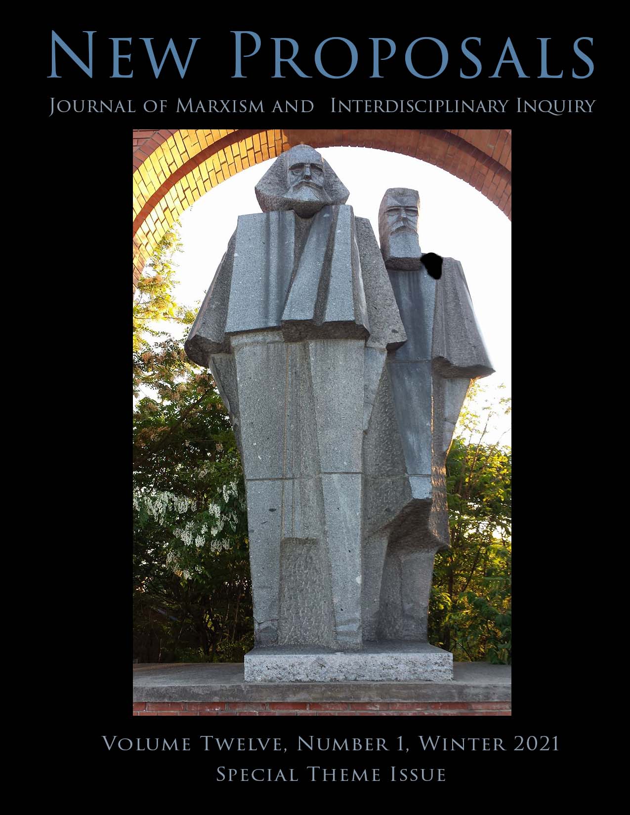 The cover of New Proposals volume twelve, number 1, winter 2021, with a picture of a statue of Marx and Engels in Budapest Hungary